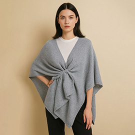 Front Tie Textured Knit Wrap Shawl Poncho