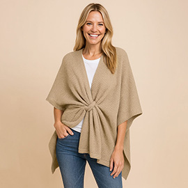 Front Tie Textured Knit Wrap Shawl Poncho