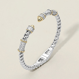 Two Tone CZ Stone Paved Twisted Hinged Cuff Bracelet
