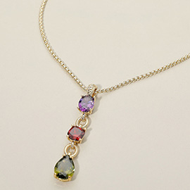 14K Gold Plated Triple CZ Stone Drop Pendant Necklace