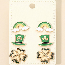 3Pairs - St Patricks Clover Hat Rainbow Stud Earring Set