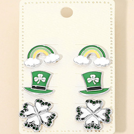 3Pairs - St Patricks Clover Hat Rainbow Stud Earring Set