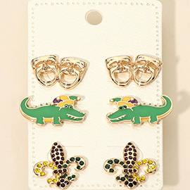 3Pairs - Mardi Gras Mask Crocodile Fleur de Lis Stud Earring Set