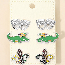 3Pairs - Mardi Gras Mask Crocodile Fleur de Lis Stud Earring Set