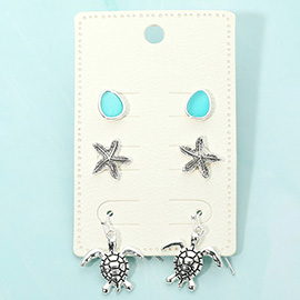3Pairs - Sea Glass Metal Starfish Stud Turtle Drop Dangle Earring Set