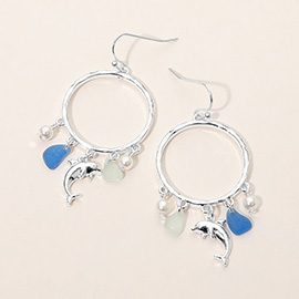 Dolphin Sea Glass Charm Drop Open Ring Dangle Earrings