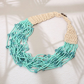 Woven Detail Multi Strand Seed Beaded Collar Statement Necklace