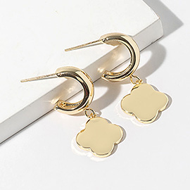 Gold Dipped Quatrefoil Charm Drop Dangle Mini Hoop Earrings