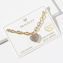 Gold Dipped CZ Stone Paved Puffy Heart Charm Magnetic Chain Bracelet