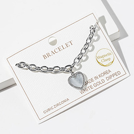 White Gold Dipped CZ Stone Rim Mother of Pearl Heart Charm Magnetic Chain Bracelet