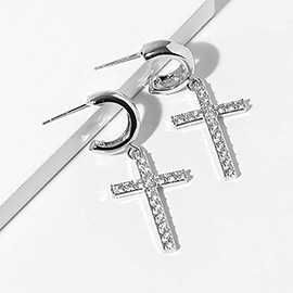 White Gold Dipped CZ Stone Paved Cross Drop Dangle Mini Hoop Earrings