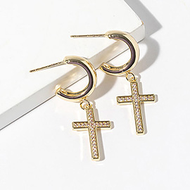 Gold Dipped CZ Stone Paved Cross Drop Dangle Mini Hoop Earrings