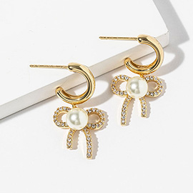 Gold Dipped Pearl Center CZ Paved Bow Drop Mini Hoop Earrings