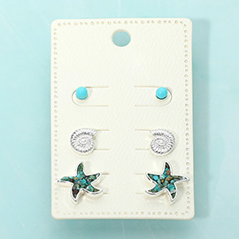 3Pairs - Shell Starfish Stud Earring Set