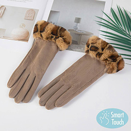 Leopard Faux Fur Wrist Trim Smart Touch Winter Gloves