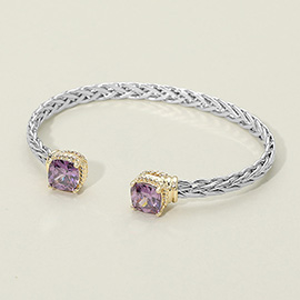 14K Gold Plated CZ Stone Tip Two Tone Braided Cuff Bracelet