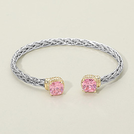14K Gold Plated CZ Stone Tip Two Tone Braided Cuff Bracelet