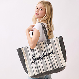 Vintage SUNSHINE Message Stripe Fringe Tote Bag