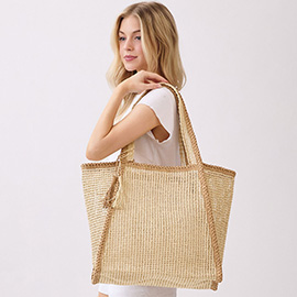 Tassel Accent Two Tone Woven Straw Tote Bag