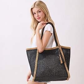 Tassel Accent Two Tone Woven Straw Tote Bag
