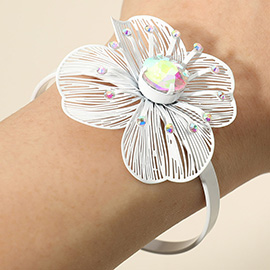 Bold Stone Accent Cutout Flower Accent Cuff Bracelet