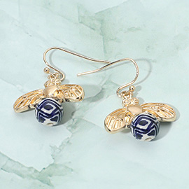 Textured Metal Bee Ceramic Ball Drop Dangle Earrings
