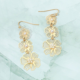 Pearl Accent Cutout Floral Link Drop Dangle Earrings