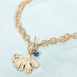 Ceramic Ball Textured Metal Ginko Leaf Toggle Pendant Necklace