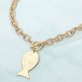 Brushed Metal Fish Charm Toggle Necklace