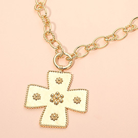 Floral Beaded Metal Cross Pendant Toggle Necklace