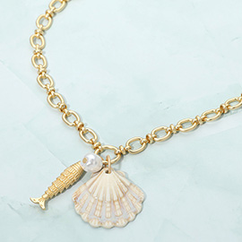 Shell Pearl Fish Charm Pendant Necklace