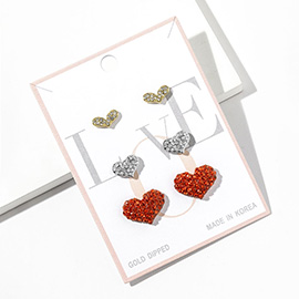 3Pairs - Gold Dipped Rhinestone Studded Heart Stud Earring Set