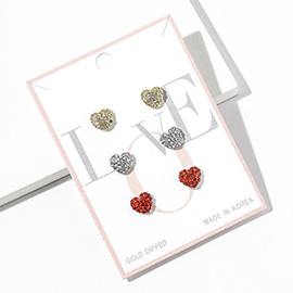 3Pairs - Gold Dipped Rhinestone Studded Mini Heart Stud Earring Set