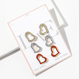 3Pairs - Gold Dipped Rhinestone Paved Open Heart Stud Earring Set