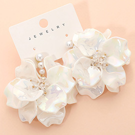 Bold Layered Petal Floral Pearl Drop Statement Earrings