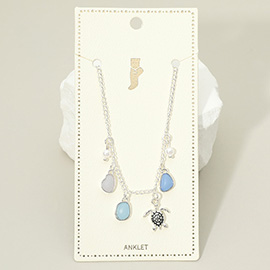 Sea Turtle Sea Glass Pearl Charm Station Anklet