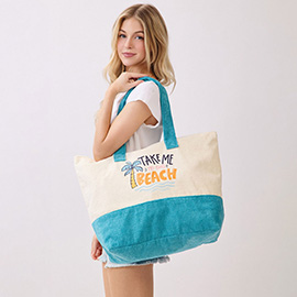 TAKE ME TO THE BEACH Message Palm Tree Graphic Printed Terry Tote Bag