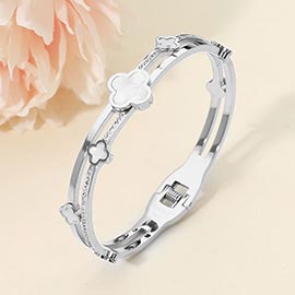 Stainless Steel Mother of Pearl Quatrefoil CZ Stone Split Hinged Bangle Bracelet