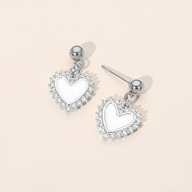 Stainless Steel CZ Trim Mother of Pearl Heart Charm Dangle Earrings