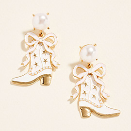 Pearl Bow Accent Bride Cowboy Boot Drop Dangle Earrings