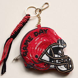 GEORGIA GAME DAY Football Helmet Sequin Seed Beaded Knot Keychain Mini Pouch Bag