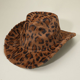 Fuzzy Faux Fur Leopard Pattern Cowboy Fedora Hat