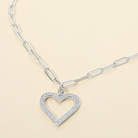 Stainless Steel CZ Stone Paved Open Heart Pendant Paperclip Chain Necklace