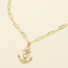 Stainless Steel CZ Stone Star Anchor Pendant Paperclip Chain Necklace