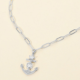 Stainless Steel CZ Stone Star Anchor Pendant Paperclip Chain Necklace