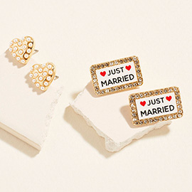 2Pairs - Pearl Heart JUST MARRIED Sign Plate Stud Earring Set