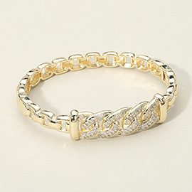 14K Gold Plated CZ Stone Paved Bold Chain Accent Hinged Bangle Bracelet