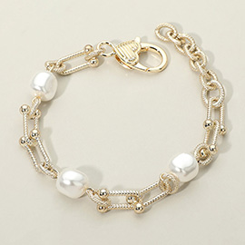 14K Gold Plated Pearl Accent Textured Industrial Link Chain Bracelet