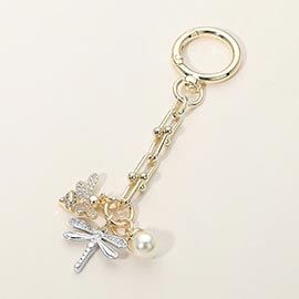 14K Gold Plated CZ Pave Dragonfly Honey Bee Pearl Charm Drop Keychain Bag Charm