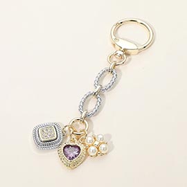 14K Gold Plated CZ Heart Square Pearl Cluster Charm Drop Keychain Bag Charm